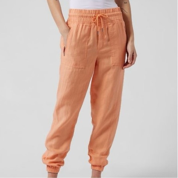 Athleta Womens Cabo Linen Joggers Size 0 Orange Drawstring Casual - Picture 1 of 9